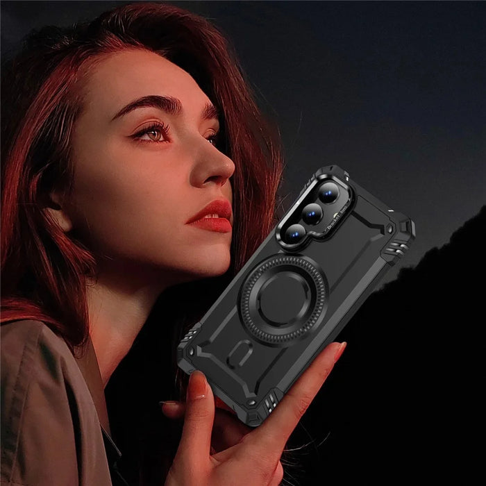 For Samsung Galaxy S25 Magnetic Case Lens Kickstand PC + TPU Shockproof Phone Cover - Black - 6