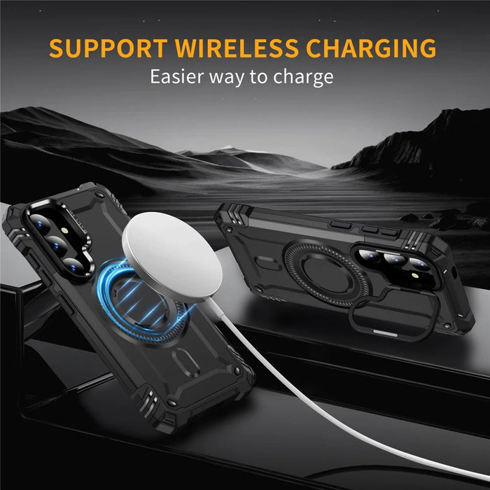 For Samsung Galaxy S25 Magnetic Case Lens Kickstand PC + TPU Shockproof Phone Cover - Black - 7