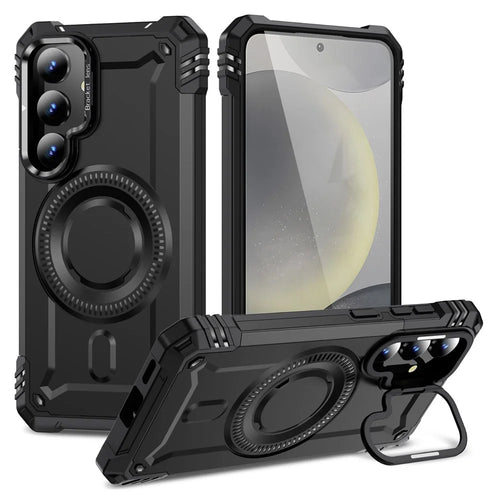 For Samsung Galaxy S24 Magnetic Case Lens Kickstand PC + TPU Shockproof Phone Cover - Black - 1