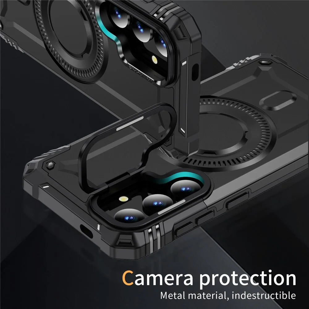 For Samsung Galaxy S24 Magnetic Case Lens Kickstand PC + TPU Shockproof Phone Cover - Black - 2