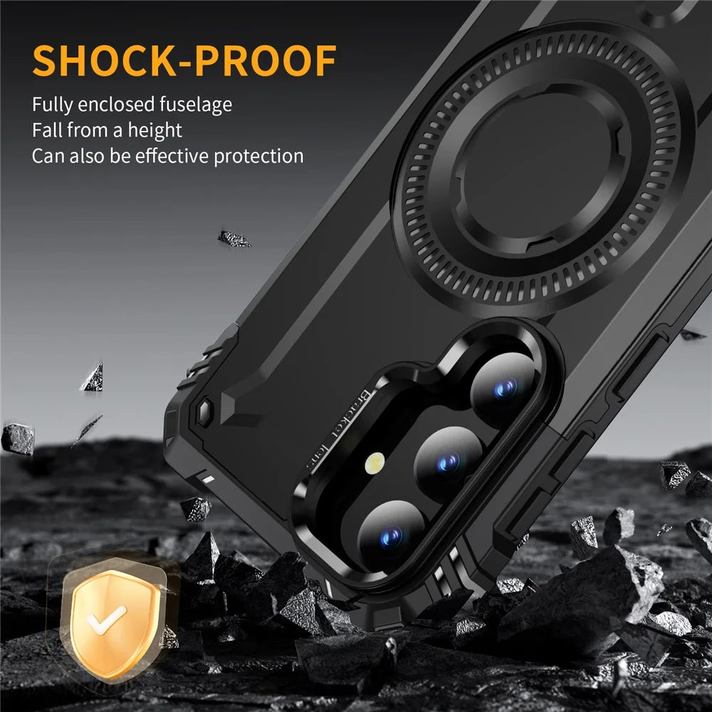 For Samsung Galaxy S24 Magnetic Case Lens Kickstand PC + TPU Shockproof Phone Cover - Black - 4