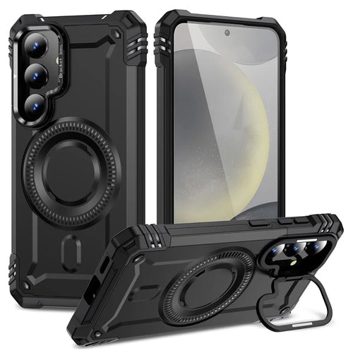 For Samsung Galaxy S24+ Magnetic Case Lens Kickstand PC + TPU Shockproof Phone Cover - Black - 1