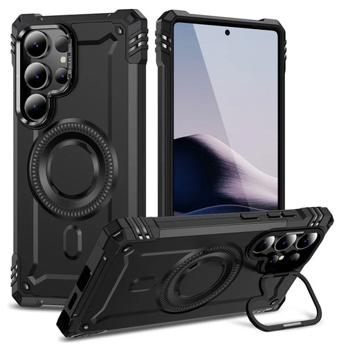 For Samsung Galaxy S25 Ultra Magnetic Case Lens Kickstand PC + TPU Shockproof Phone Cover - Black - 1