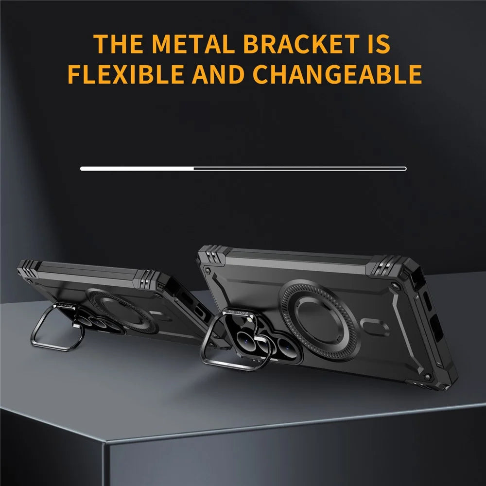 For Samsung Galaxy S25 Ultra Magnetic Case Lens Kickstand PC + TPU Shockproof Phone Cover - Black - 2