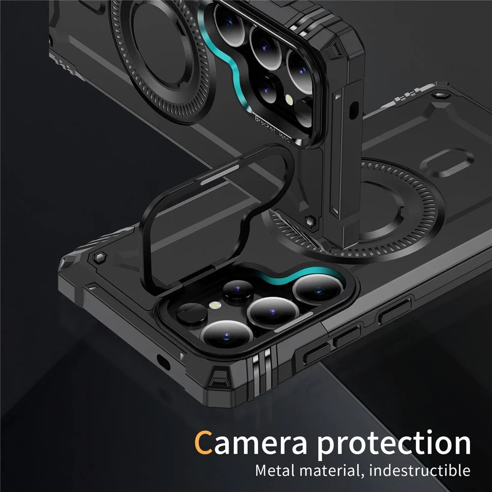 For Samsung Galaxy S25 Ultra Magnetic Case Lens Kickstand PC + TPU Shockproof Phone Cover - Black - 3