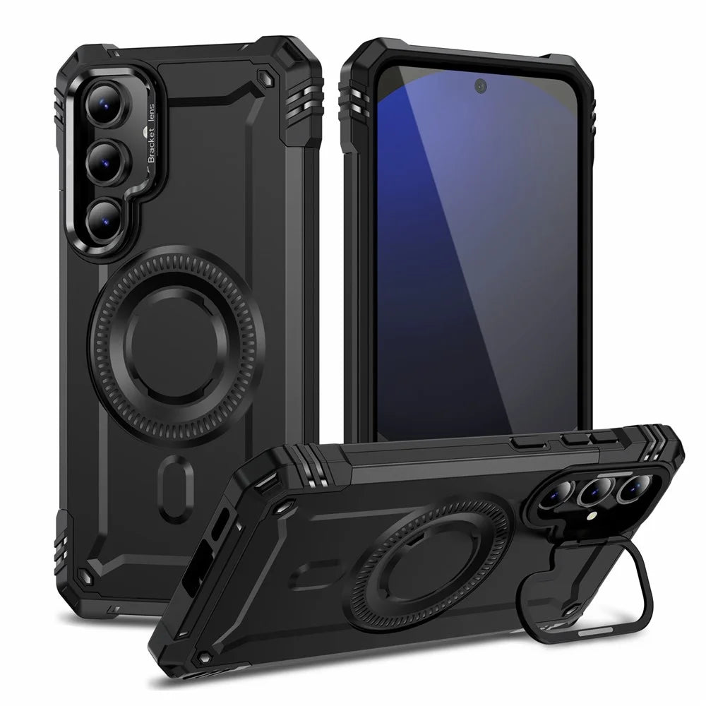 For Samsung Galaxy S24 FE Magnetic Case Lens Kickstand PC + TPU Shockproof Phone Cover - Black - 1