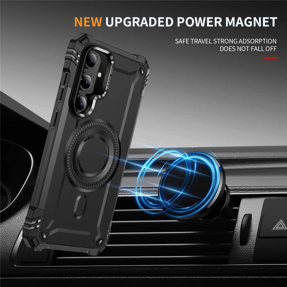 For Samsung Galaxy S24 FE Magnetic Case Lens Kickstand PC + TPU Shockproof Phone Cover - Black - 2