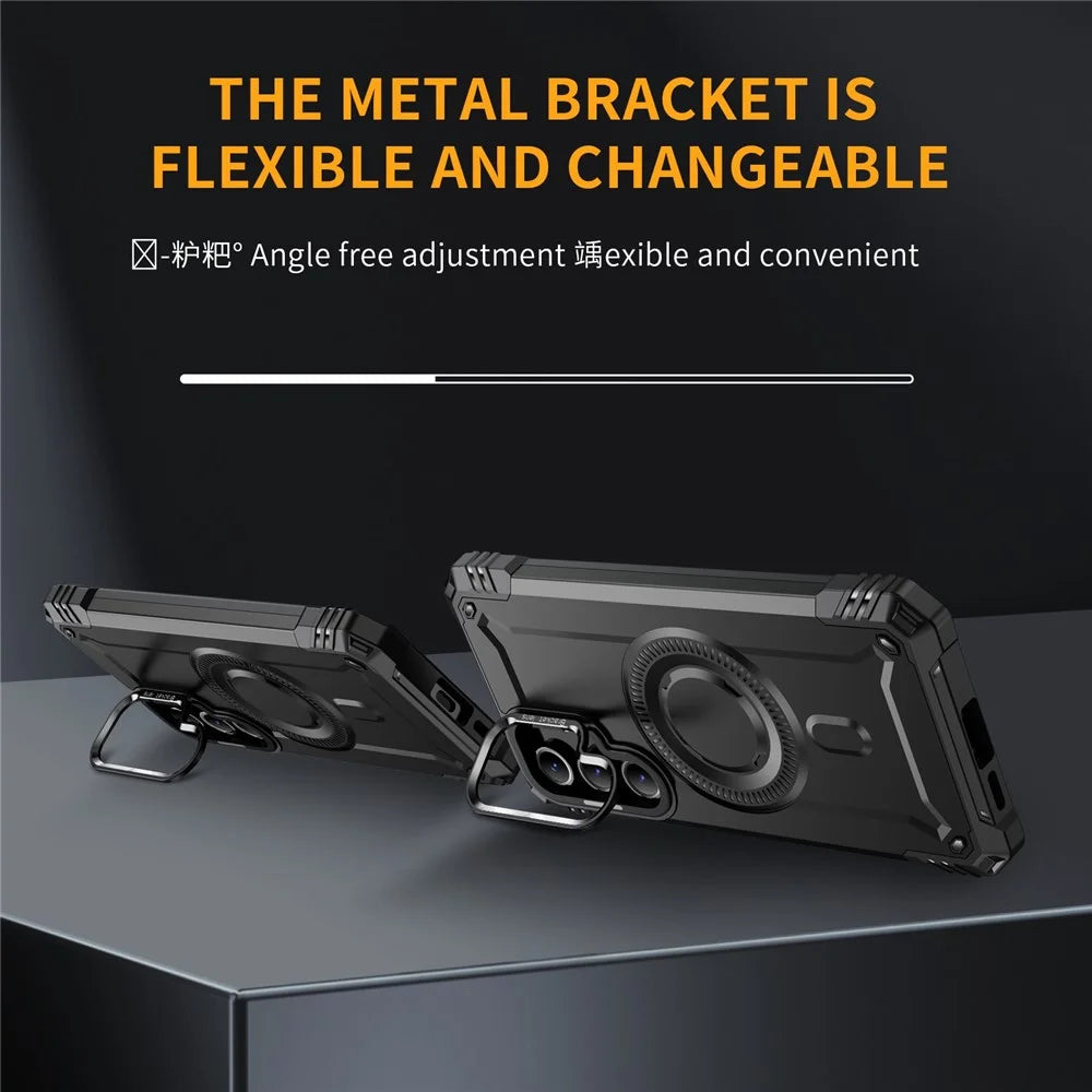 For Samsung Galaxy S24 FE Magnetic Case Lens Kickstand PC + TPU Shockproof Phone Cover - Black - 4