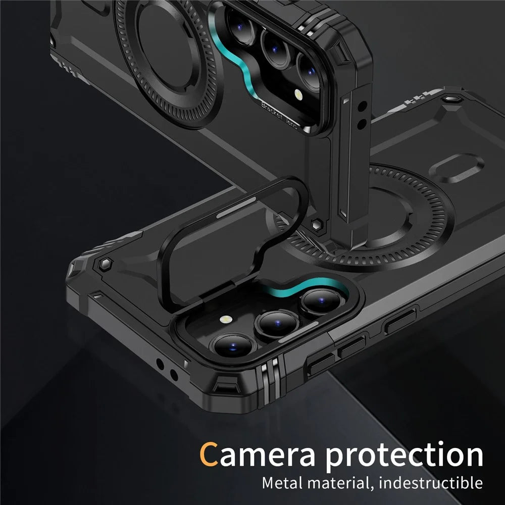 For Samsung Galaxy S24 FE Magnetic Case Lens Kickstand PC + TPU Shockproof Phone Cover - Black - 6