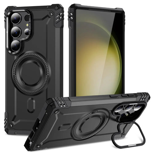For Samsung Galaxy S23 Ultra Magnetic Case Lens Kickstand PC + TPU Shockproof Phone Cover - Black - 1