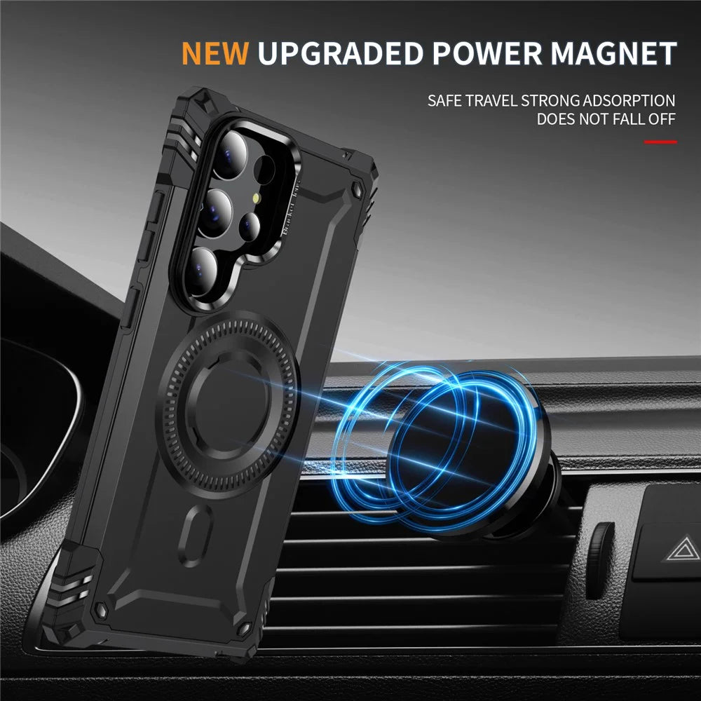 For Samsung Galaxy S23 Ultra Magnetic Case Lens Kickstand PC + TPU Shockproof Phone Cover - Black - 2