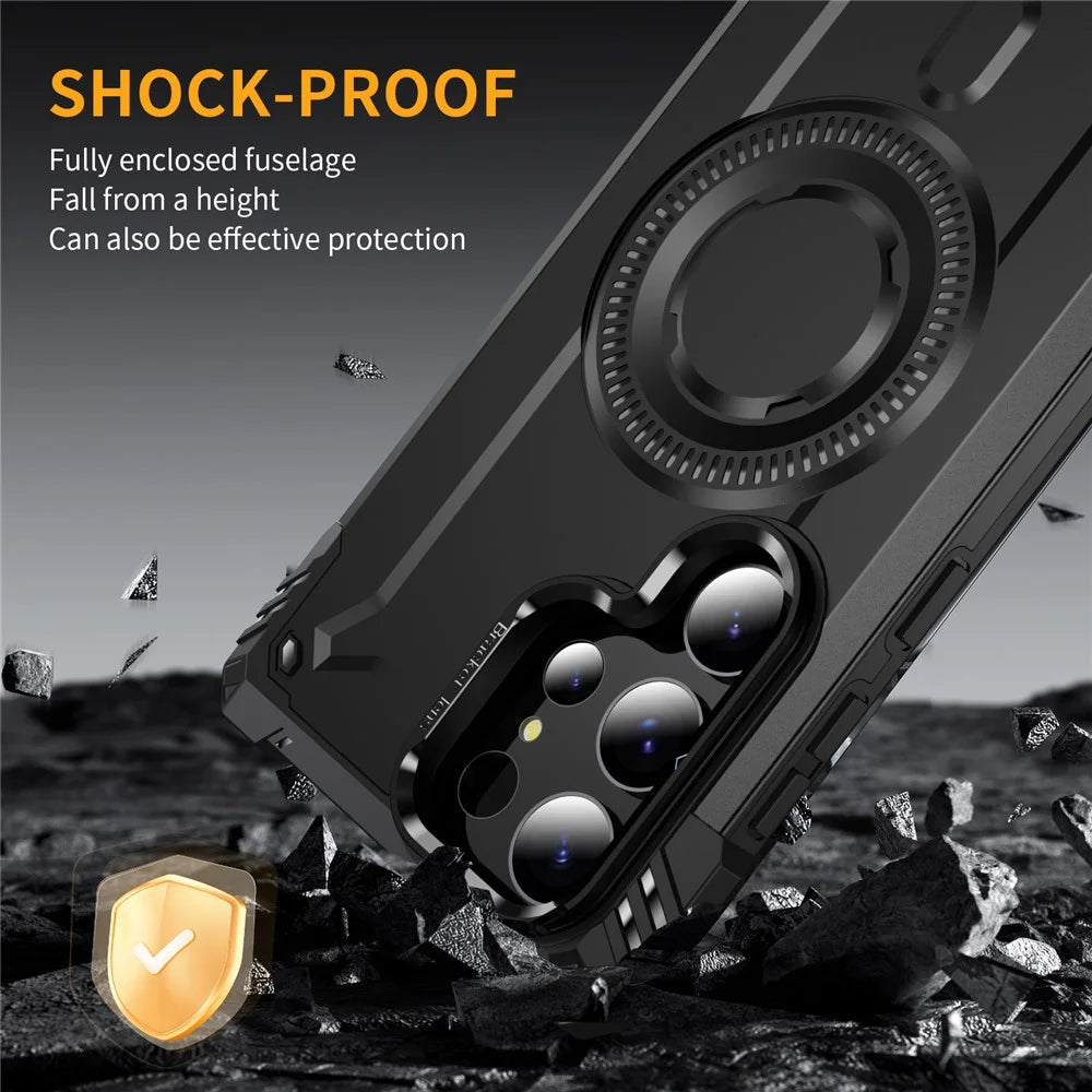 For Samsung Galaxy S23 Ultra Magnetic Case Lens Kickstand PC + TPU Shockproof Phone Cover - Black - 5