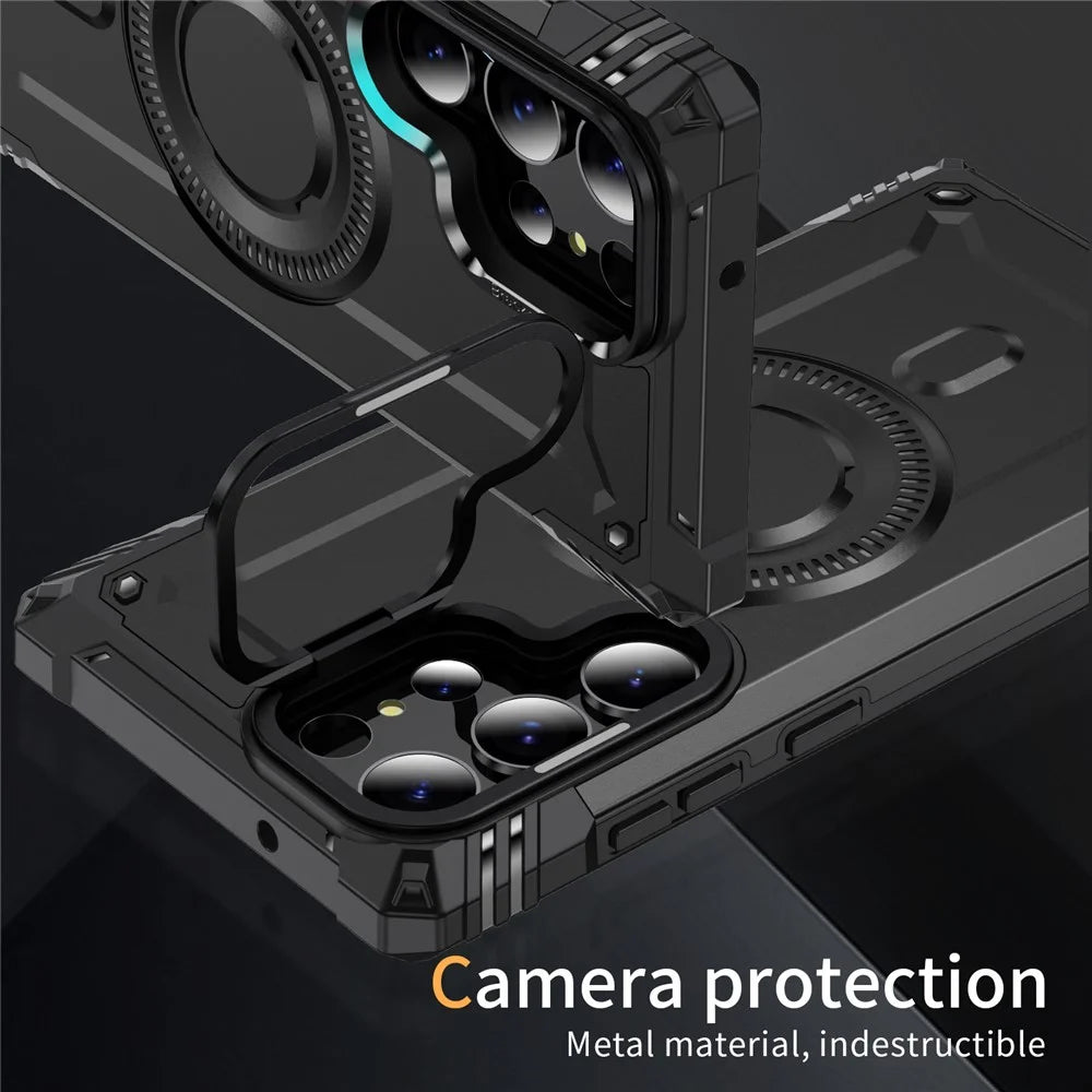 For Samsung Galaxy S23 Ultra Magnetic Case Lens Kickstand PC + TPU Shockproof Phone Cover - Black - 6