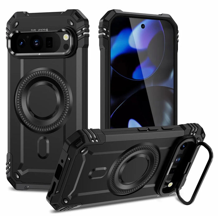 For Google Pixel 9 / 9 Pro Magnetic Case Lens Kickstand PC + TPU Shockproof Phone Cover - Black - 1