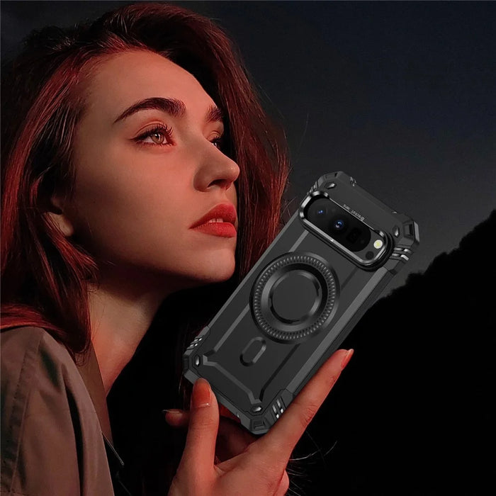 For Google Pixel 9 / 9 Pro Magnetic Case Lens Kickstand PC + TPU Shockproof Phone Cover - Black - 7