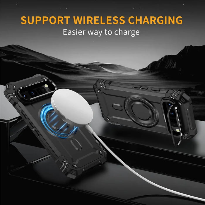 For Google Pixel 9 Pro XL Magnetic Case Lens Kickstand PC + TPU Shockproof Phone Cover - Black - 3