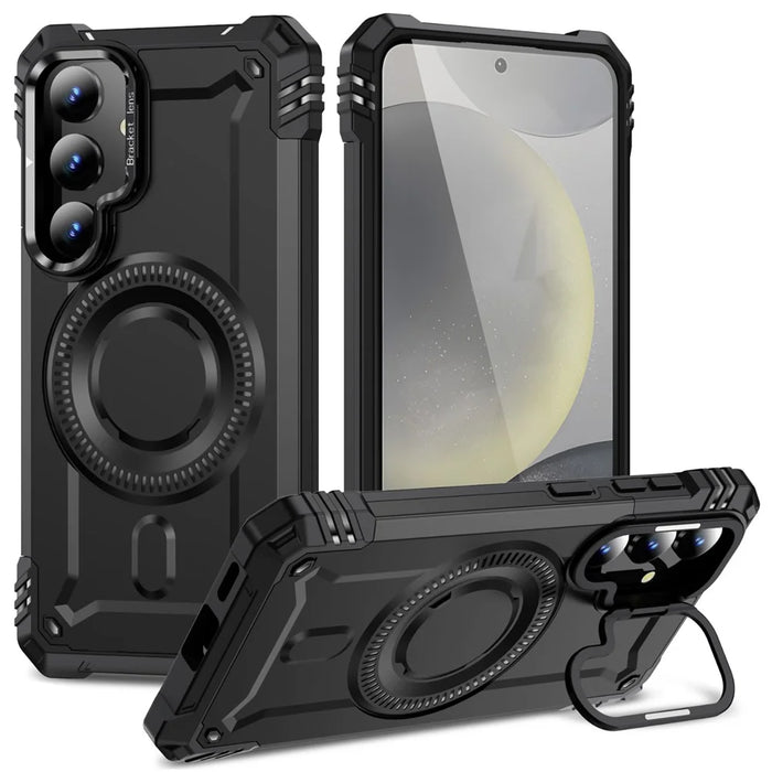For Samsung Galaxy S25+ Magnetic Case Lens Kickstand PC + TPU Shockproof Phone Cover - Black - 1