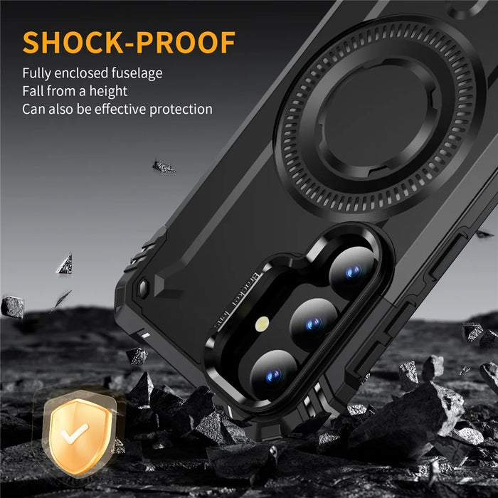 For Samsung Galaxy S25+ Magnetic Case Lens Kickstand PC + TPU Shockproof Phone Cover - Black - 5