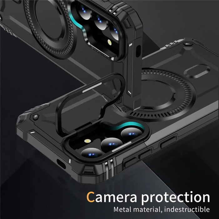 For Samsung Galaxy S25+ Magnetic Case Lens Kickstand PC + TPU Shockproof Phone Cover - Black - 6
