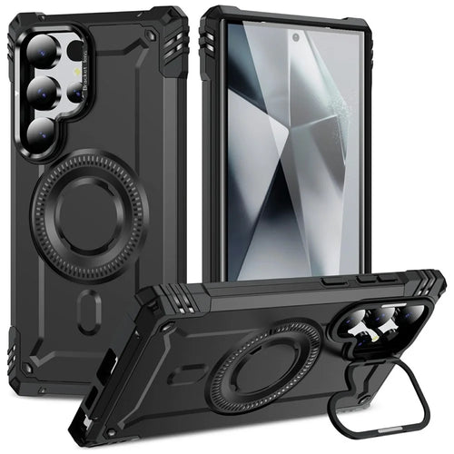 For Samsung Galaxy S24 Ultra Magnetic Case Lens Kickstand PC + TPU Shockproof Phone Cover - Black - 1