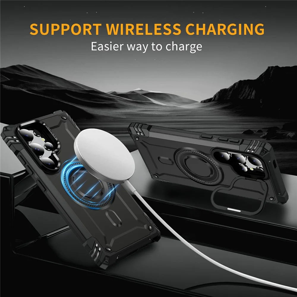 For Samsung Galaxy S24 Ultra Magnetic Case Lens Kickstand PC + TPU Shockproof Phone Cover - Black - 2