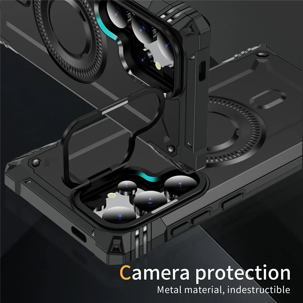 For Samsung Galaxy S24 Ultra Magnetic Case Lens Kickstand PC + TPU Shockproof Phone Cover - Black - 5