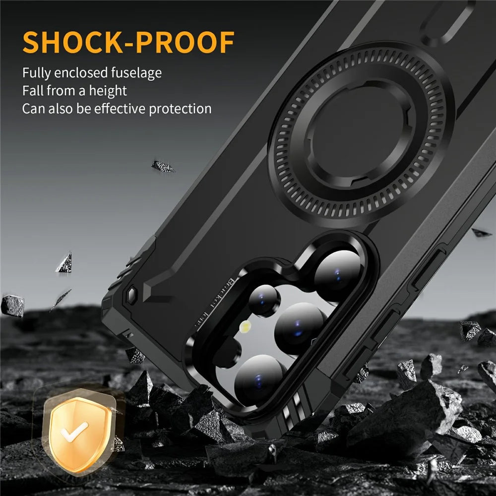 For Samsung Galaxy S24 Ultra Magnetic Case Lens Kickstand PC + TPU Shockproof Phone Cover - Black - 6