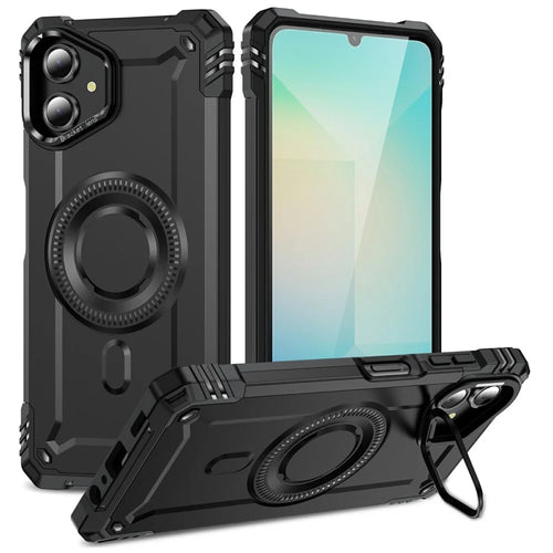 For Samsung Galaxy A06 4G Magnetic Case Lens Kickstand PC + TPU Shockproof Phone Cover - Black - 1