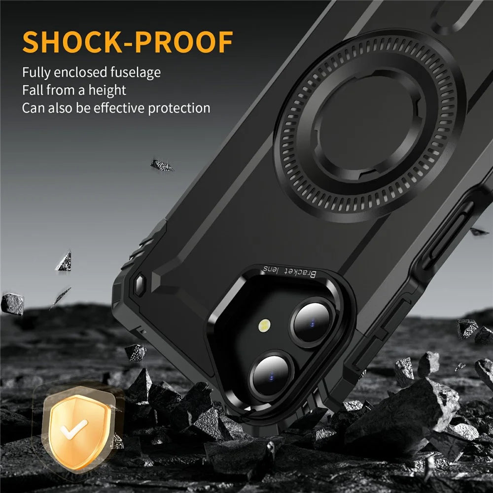 For Samsung Galaxy A06 4G Magnetic Case Lens Kickstand PC + TPU Shockproof Phone Cover - Black - 6