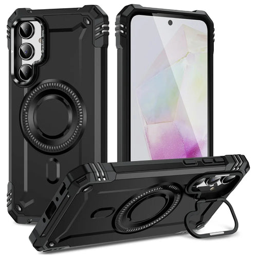 For Samsung Galaxy A35 5G Magnetic Case Lens Kickstand PC + TPU Shockproof Phone Cover - Black - 1