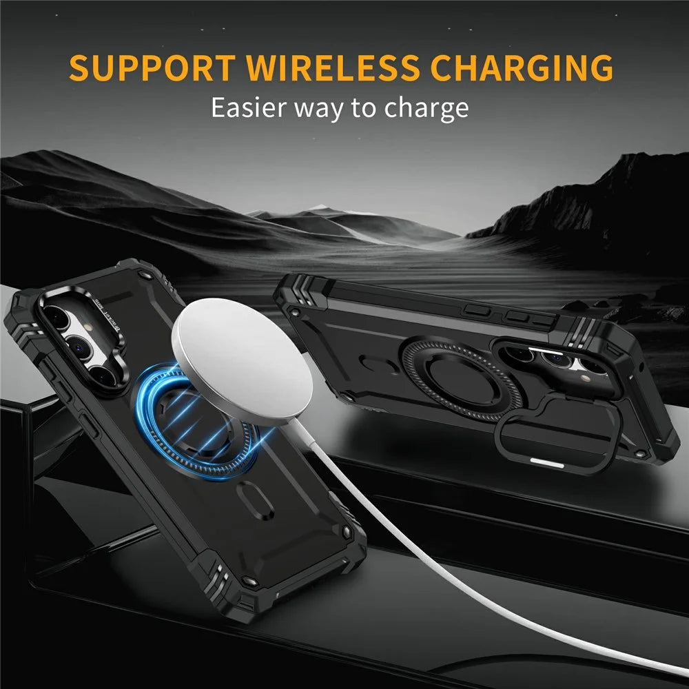 For Samsung Galaxy A35 5G Magnetic Case Lens Kickstand PC + TPU Shockproof Phone Cover - Black - 2