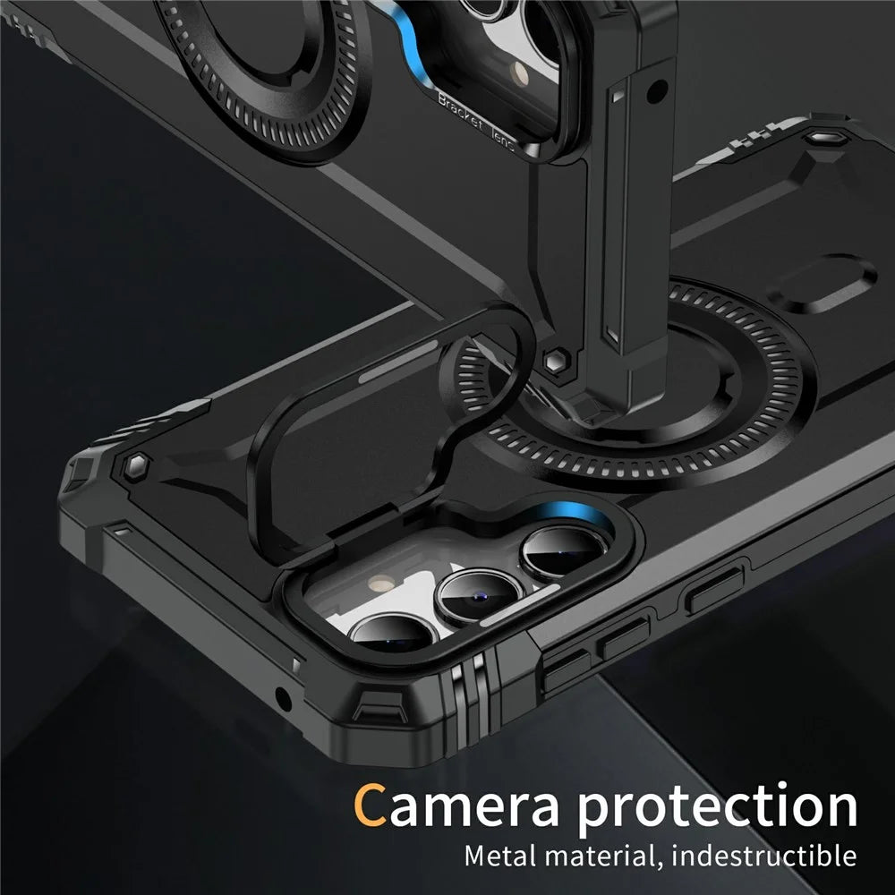 For Samsung Galaxy A35 5G Magnetic Case Lens Kickstand PC + TPU Shockproof Phone Cover - Black - 5