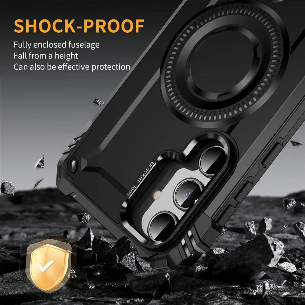 For Samsung Galaxy A35 5G Magnetic Case Lens Kickstand PC + TPU Shockproof Phone Cover - Black - 6