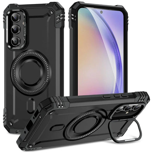 For Samsung Galaxy A54 5G Magnetic Case Lens Kickstand PC + TPU Shockproof Phone Cover - Black - 1