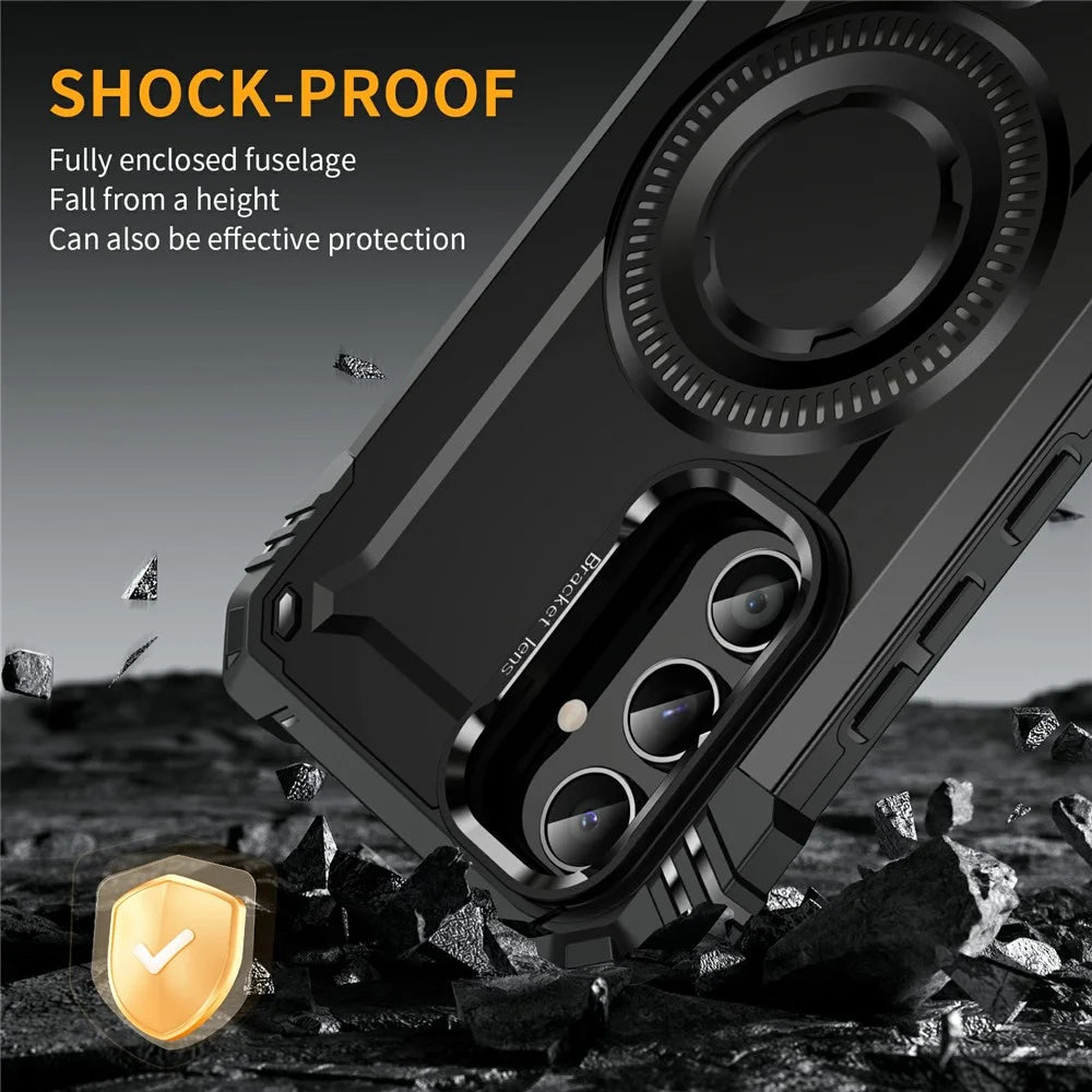 For Samsung Galaxy A54 5G Magnetic Case Lens Kickstand PC + TPU Shockproof Phone Cover - Black - 6