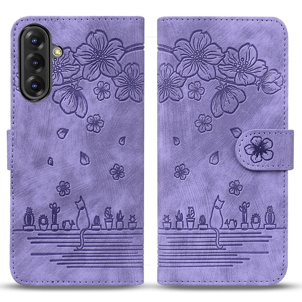 For Samsung Galaxy A36 5G Case Flip Stand Leather Phone Cover Cherry Blossom Cat Imprinted - Purple - 1