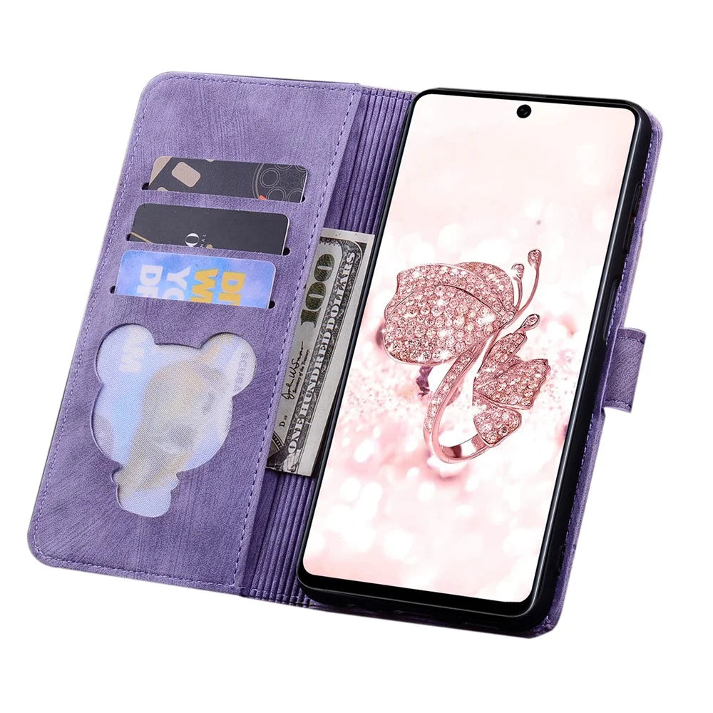 For Samsung Galaxy A36 5G Case Flip Stand Leather Phone Cover Cherry Blossom Cat Imprinted - Purple - 2