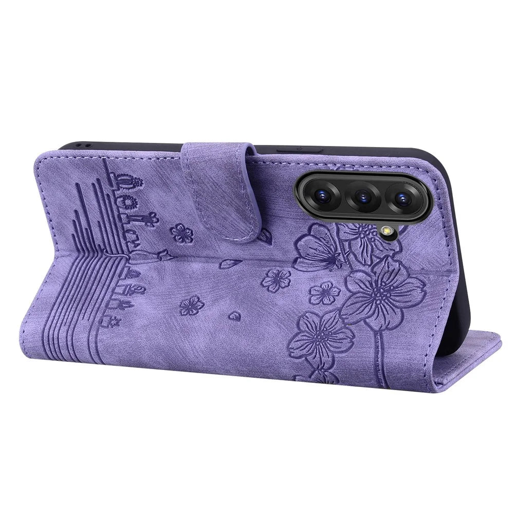 For Samsung Galaxy A36 5G Case Flip Stand Leather Phone Cover Cherry Blossom Cat Imprinted - Purple - 3