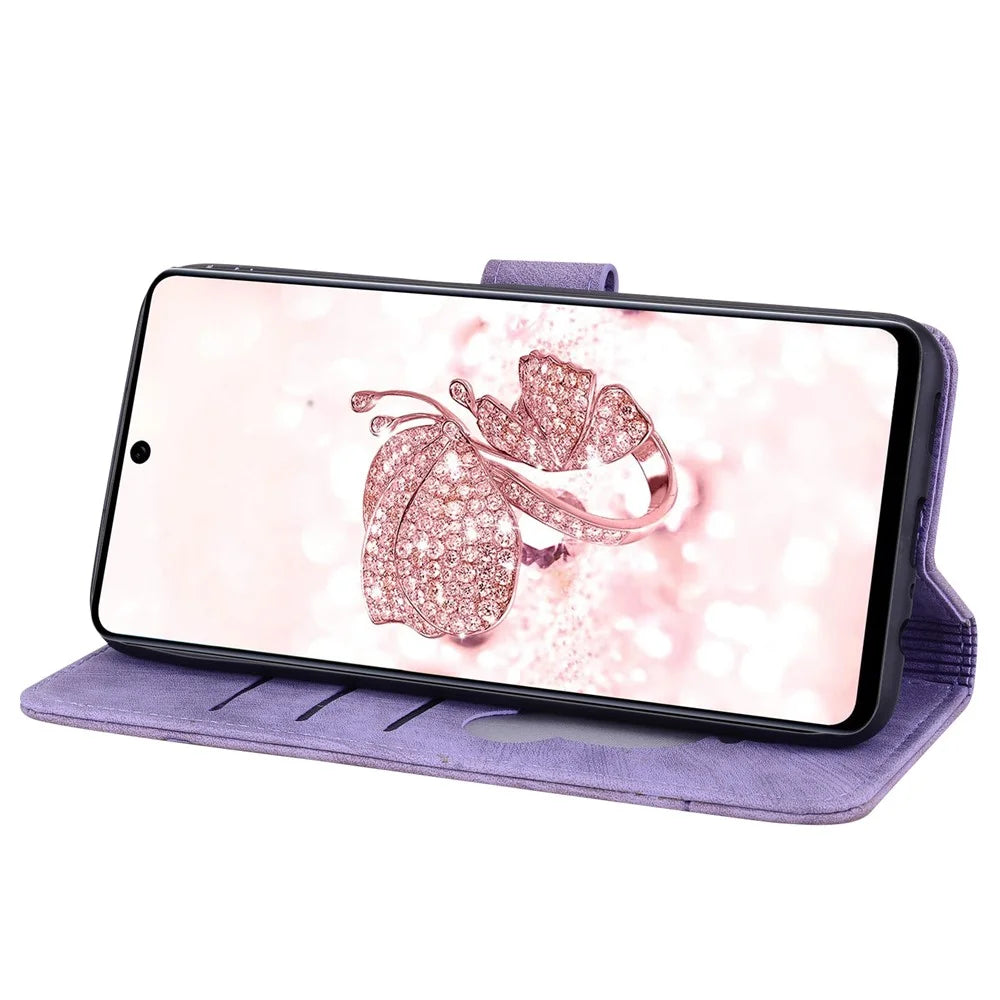 For Samsung Galaxy A36 5G Case Flip Stand Leather Phone Cover Cherry Blossom Cat Imprinted - Purple - 4