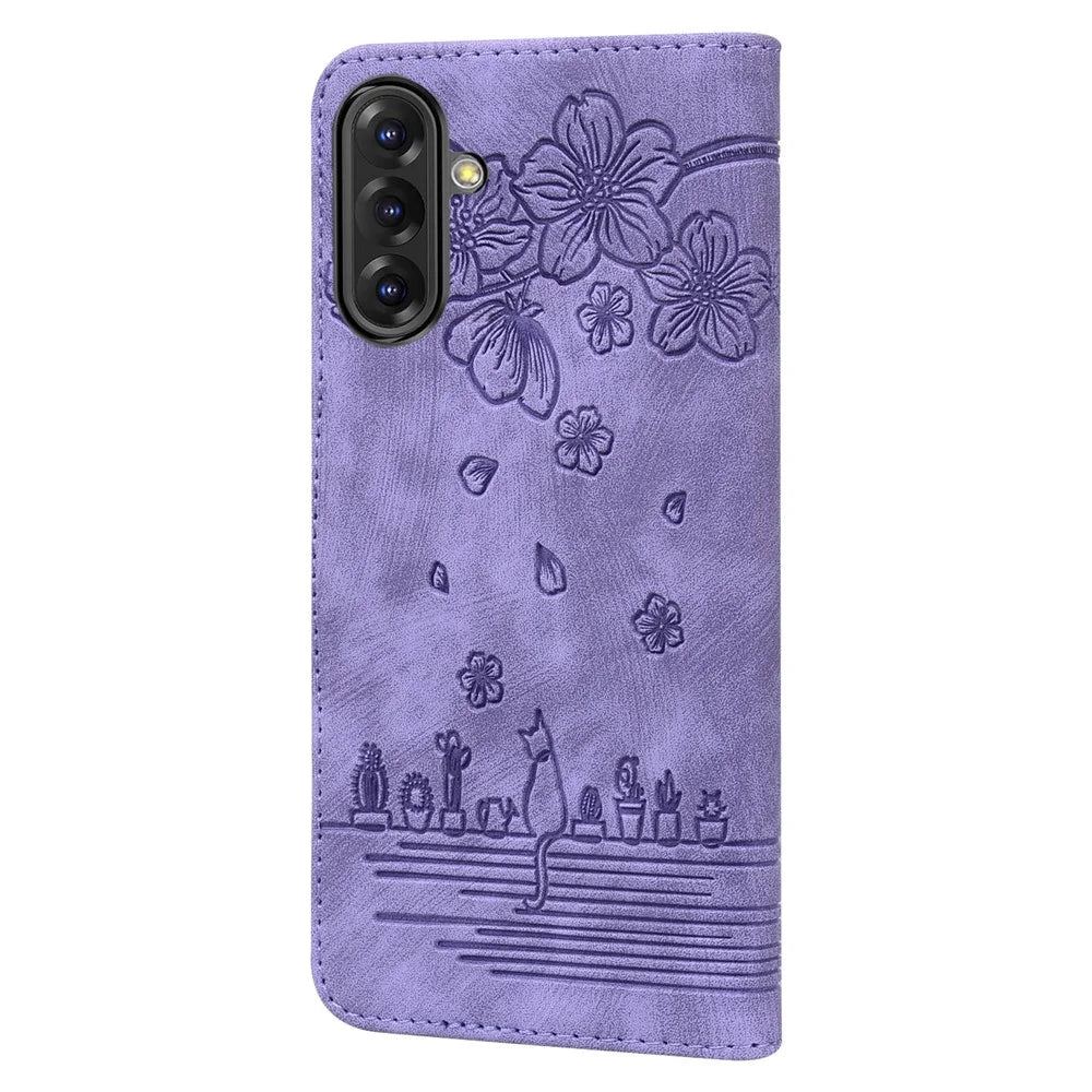 For Samsung Galaxy A36 5G Case Flip Stand Leather Phone Cover Cherry Blossom Cat Imprinted - Purple - 6