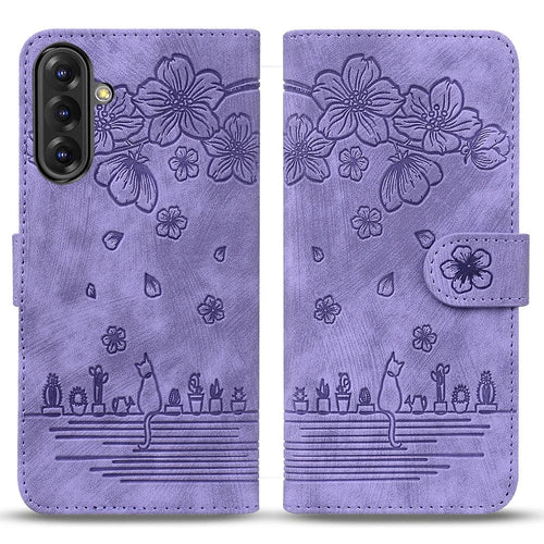 For Samsung Galaxy A56 5G Case Flip Stand Leather Phone Cover Cherry Blossom Cat Imprinted - Purple - 1