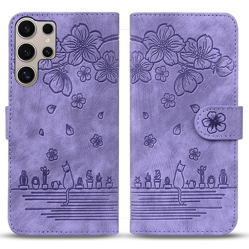 For Samsung Galaxy S25 Ultra Case Flip Stand Leather Phone Cover Cherry Blossom Cat Imprinted - Purple - 1