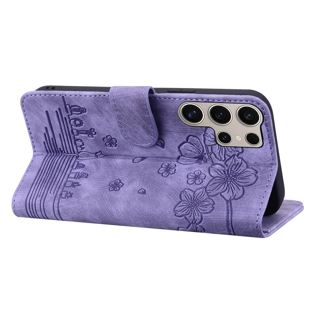 For Samsung Galaxy S25 Ultra Case Flip Stand Leather Phone Cover Cherry Blossom Cat Imprinted - Purple - 3