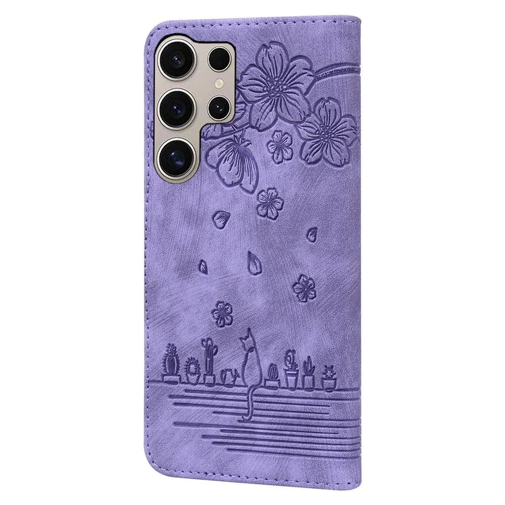 For Samsung Galaxy S25 Ultra Case Flip Stand Leather Phone Cover Cherry Blossom Cat Imprinted - Purple - 6