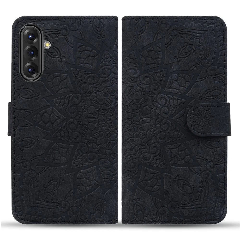 For Samsung Galaxy A56 5G Case PU Leather Wallet Flip Phone Cover Flower Imprinted - Black - 1