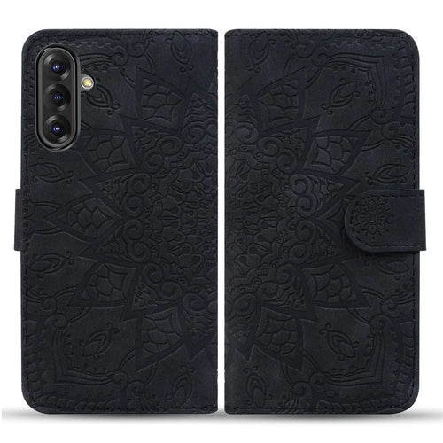 For Samsung Galaxy A56 5G Case PU Leather Wallet Flip Phone Cover Flower Imprinted - Black - 1