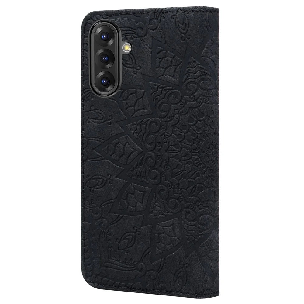 For Samsung Galaxy A56 5G Case PU Leather Wallet Flip Phone Cover Flower Imprinted - Black - 6