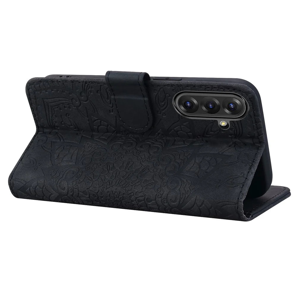 For Samsung Galaxy A36 5G Case PU Leather Wallet Flip Phone Cover Flower Imprinted - Black - 4