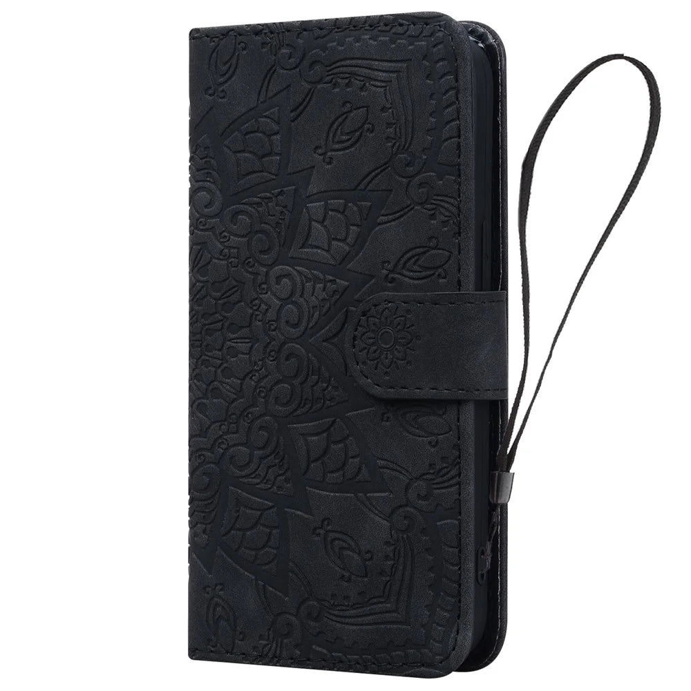 For Samsung Galaxy A36 5G Case PU Leather Wallet Flip Phone Cover Flower Imprinted - Black - 5