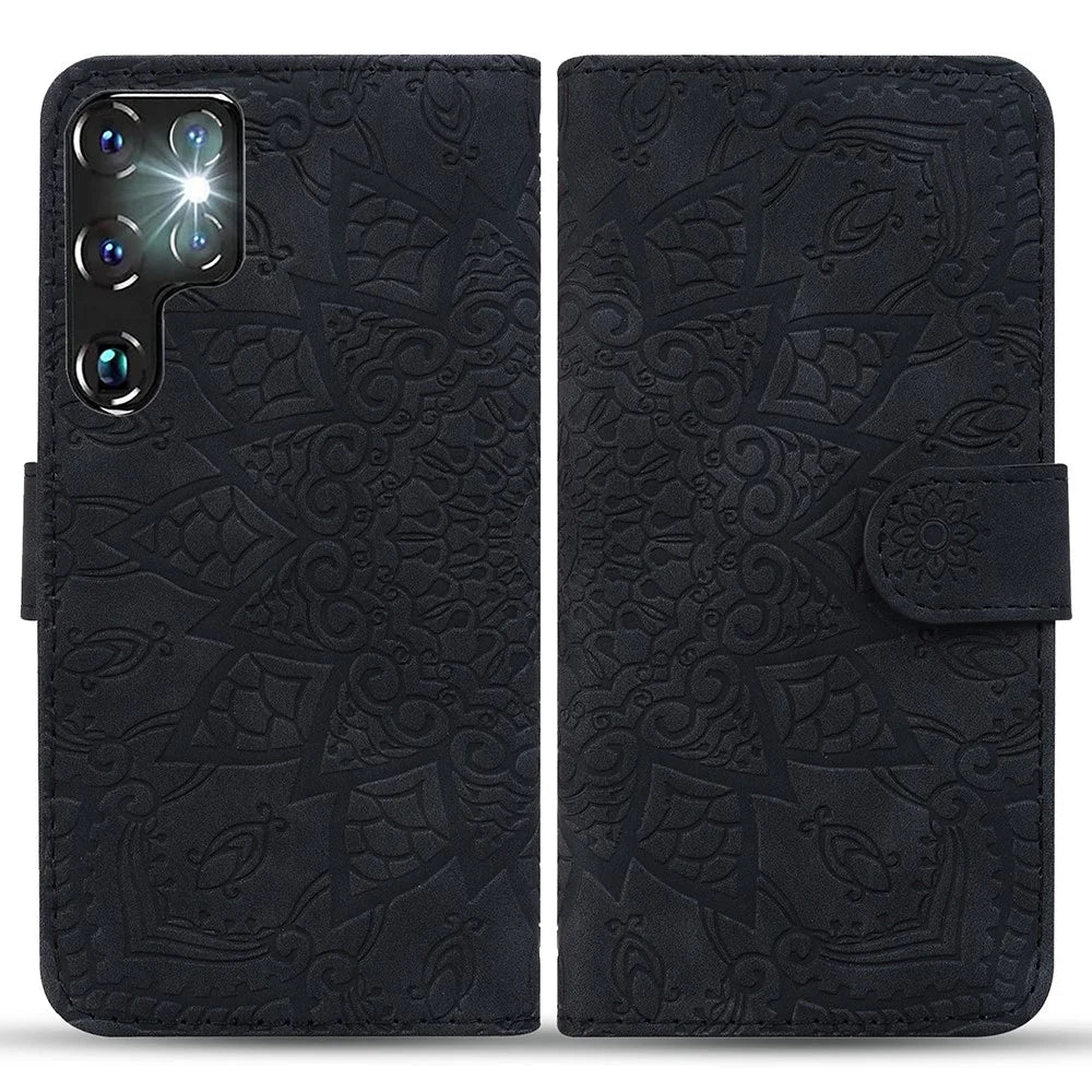 For Samsung Galaxy S25 Ultra Case PU Leather Wallet Flip Phone Cover Flower Imprinted - Black - 1